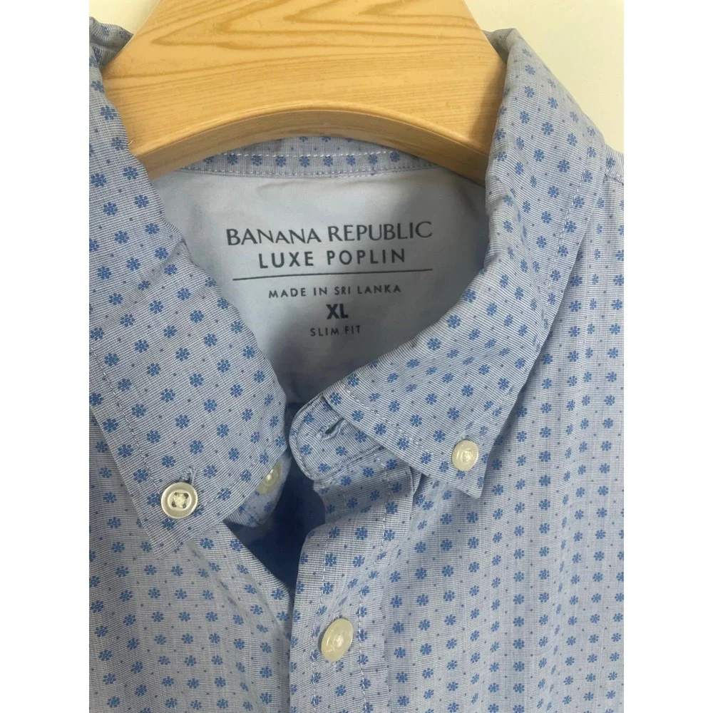 Banana Republic Luxe Poplin Shirt Mens XL Slim Fit Blue Geometric Short Sleeve